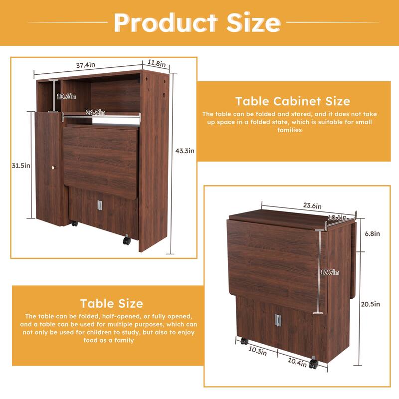 Folding Dining Table and Storage Sideboard with Charging Station， Multifunctional Space-Saving Kitchen Table with Wheels