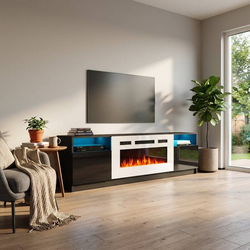 Meble Furniture York WH02 79" E-Fireplace TV Stand - Entertainment Console with Built-in Heater