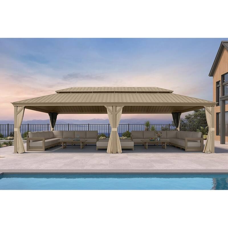 PURPLE LEAF Outdoor Hardtop Gazebo Pro Champagne Metal Frame Galvanized Steel Double Roof with Curtains and Netting for Poolside - 14' x 28' - Champagne Pro with Light