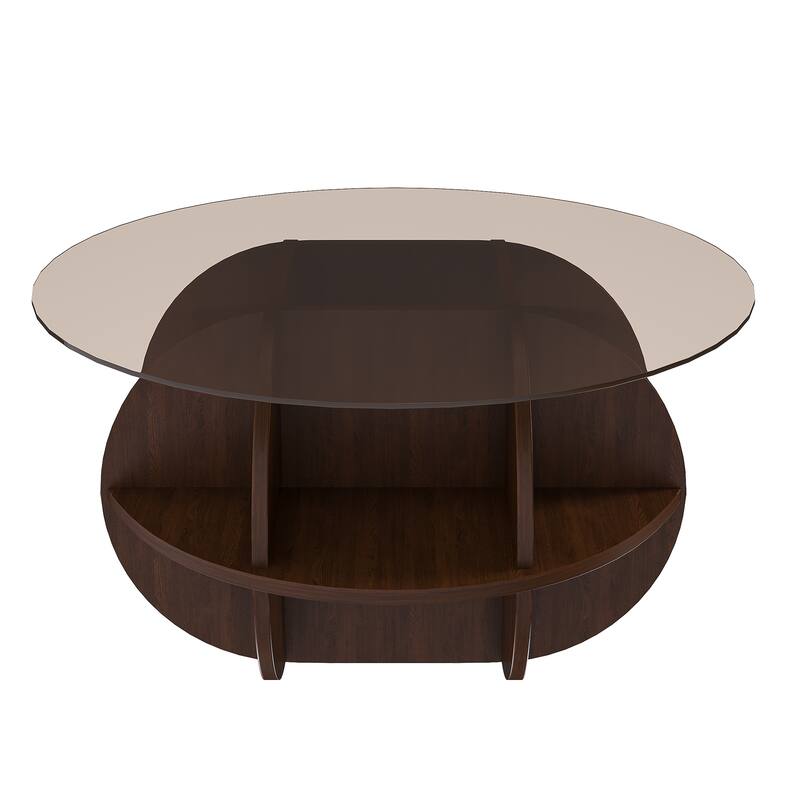 Round Coffee Table with Storage, 31.5 Inch Modern Farmhouse Center Table with Tempered Glass Top and Wooden MDF Frame