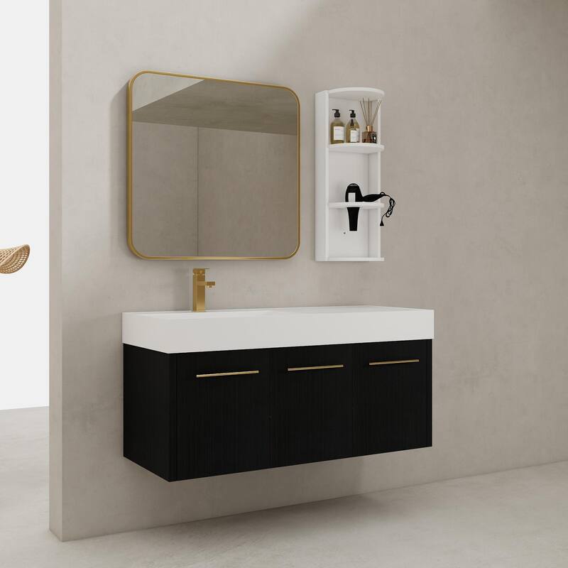 Wall mounted bathroom vanity with sink and storage shelf