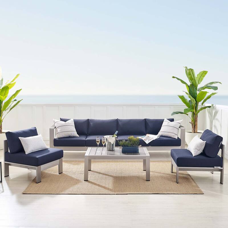 Shore Sunbrella Outdoor Patio Aluminum 5 Piece Sectional Sofa Set - Silver Navy