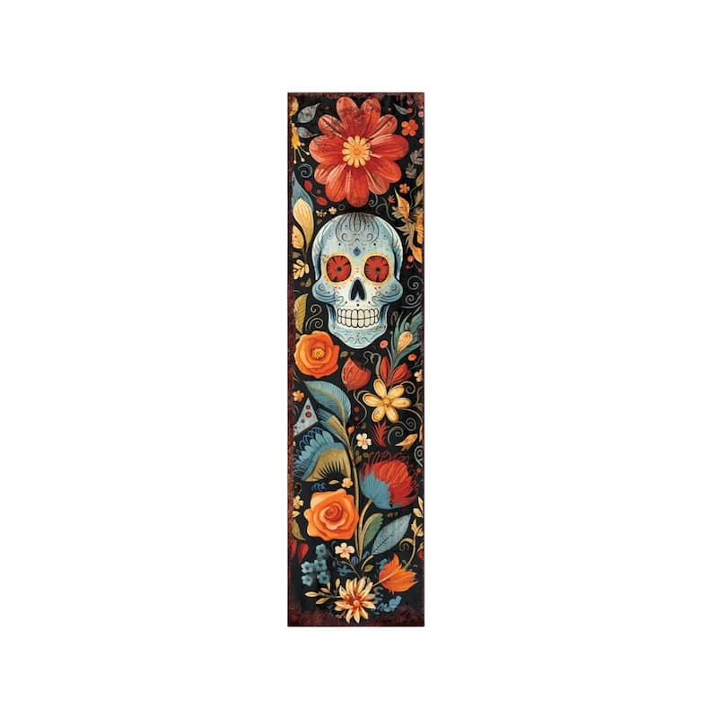 HomeRoots 36" Black And Orange Solid Wood Day of the Dead Skull Porch Sign