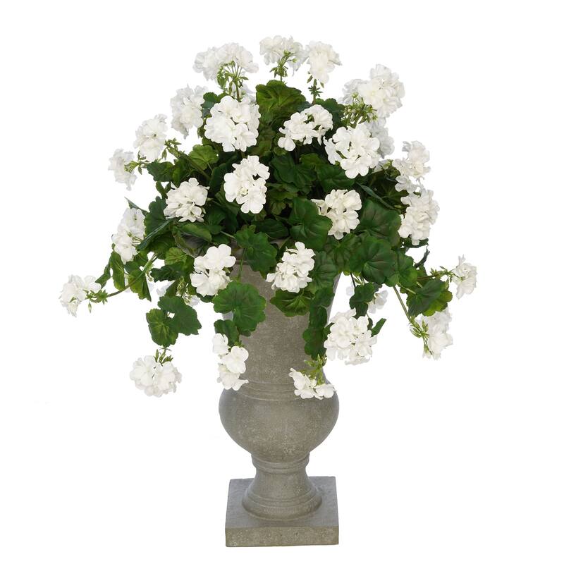 Faux White Geranium in Grey Roman Urn