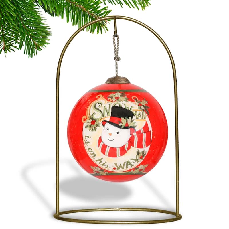 Snowman is on His Way Christmas Glass Ball Ornament - 3"