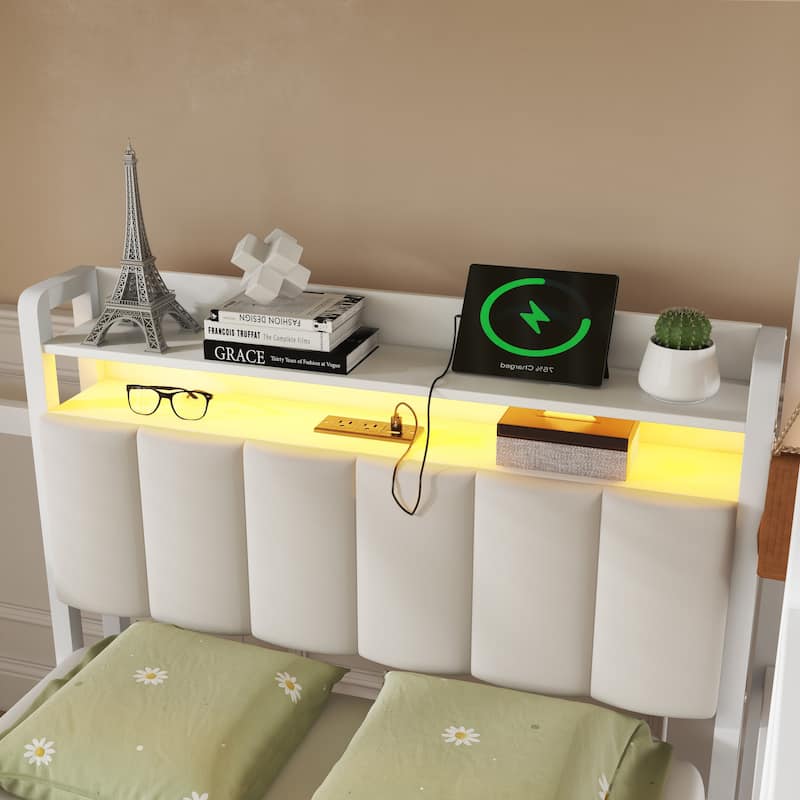 Full Over Twin Metal Bunk Bed with Desk, Bookshelves, LED Lights & Charging Station, Detachable Loft Bed