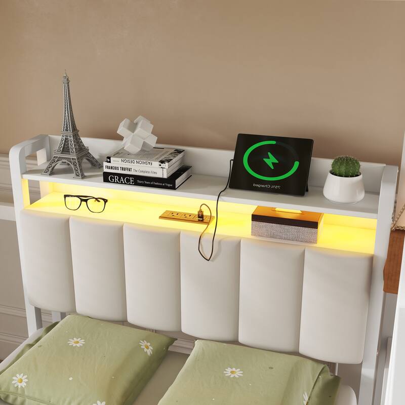 Full over Twin Metal Bunk Bed with Desk and Bookshelves,Detachable Metal Bunk Bed with LED and Charge Station