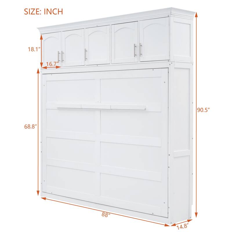Queen Size Foldable Wall Bed with Top Cabinets, Space-Saving Design, White