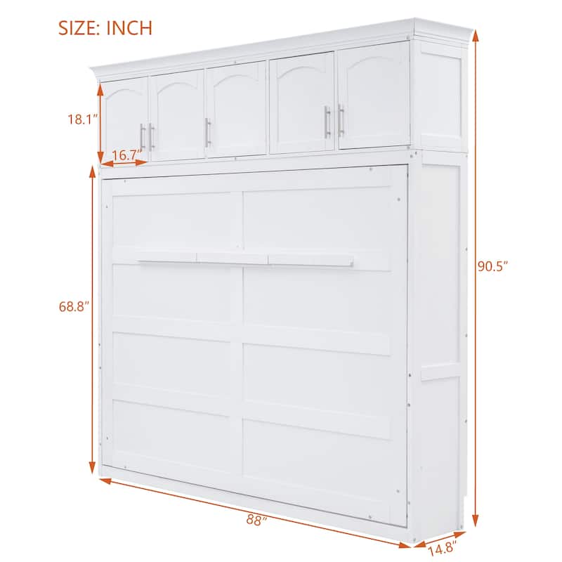 White Queen Size Multi-function Murphy Bed with Top Cabinets for Apartments