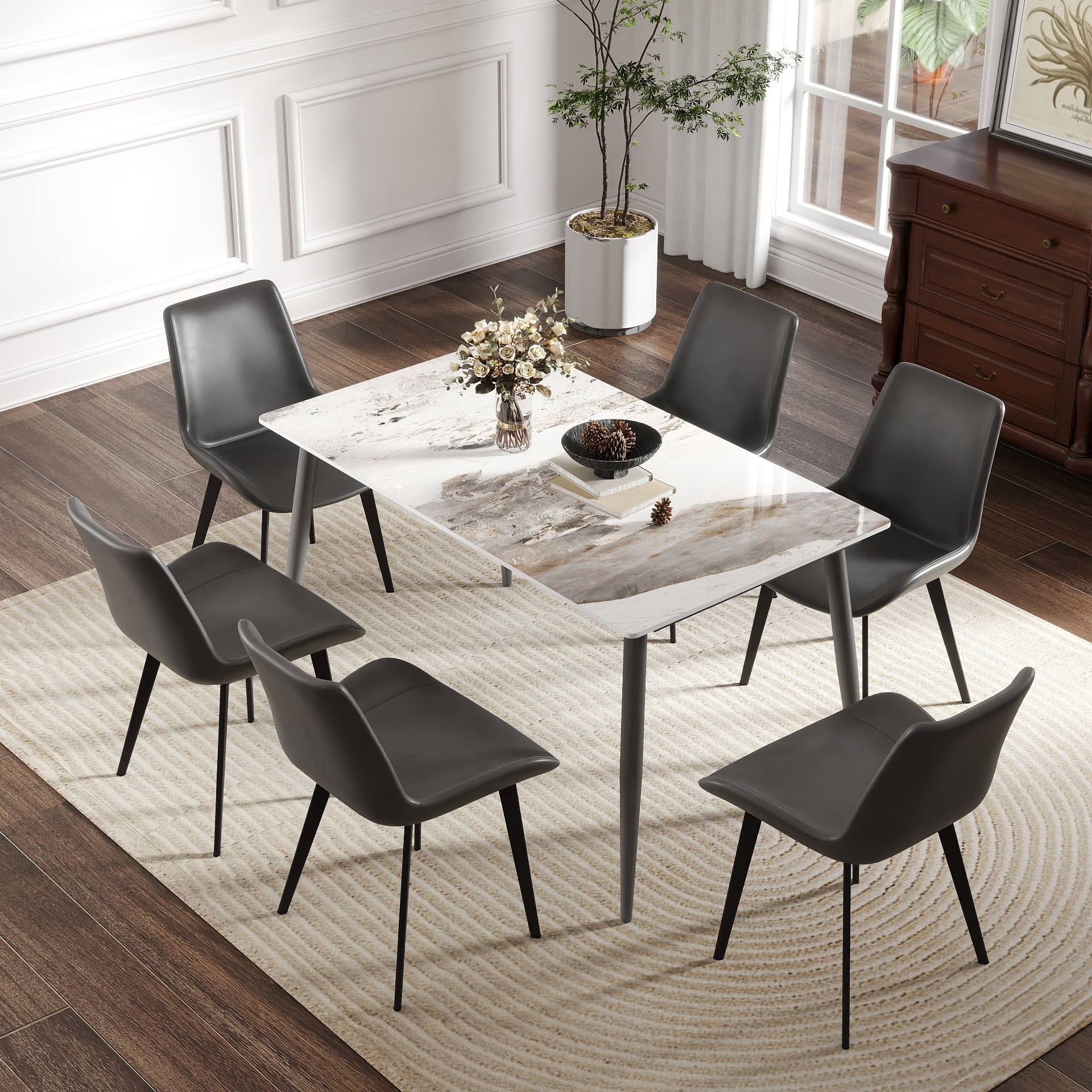 Large Rectangle Faux Marble Dining Table For Six With Mirrored Base