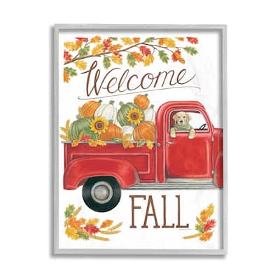 Stupell Welcome Fall Phrase Autumn Red Truck Dog Framed Wall Art