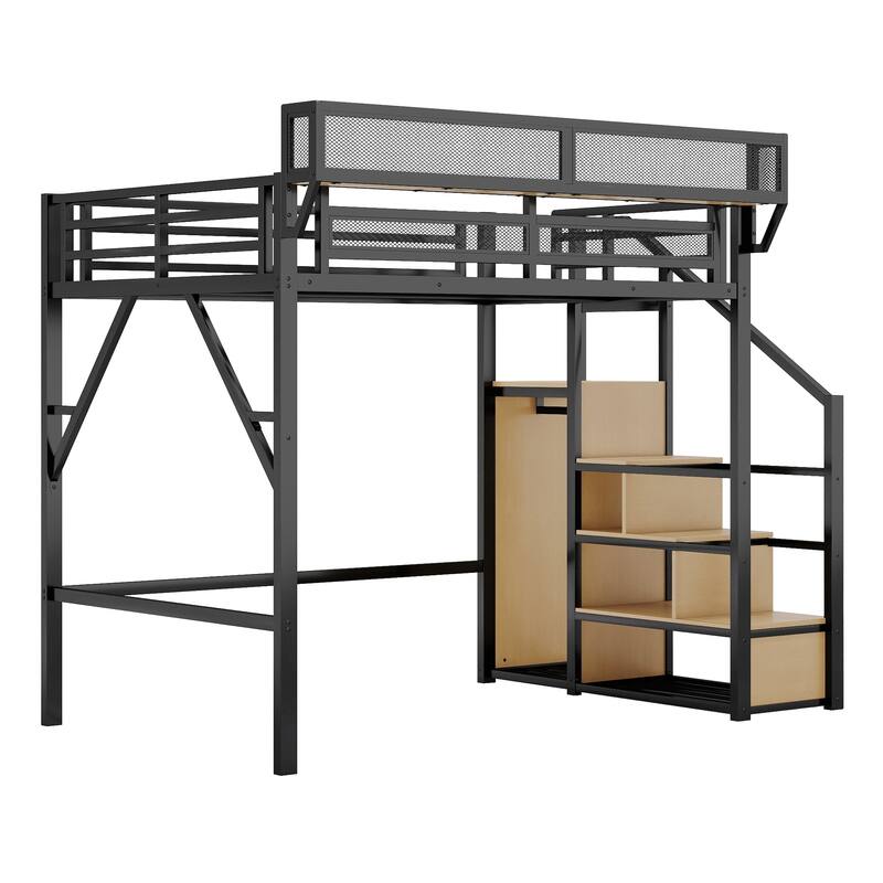 Metal Loft Bed with Stairs and Storage Shelves