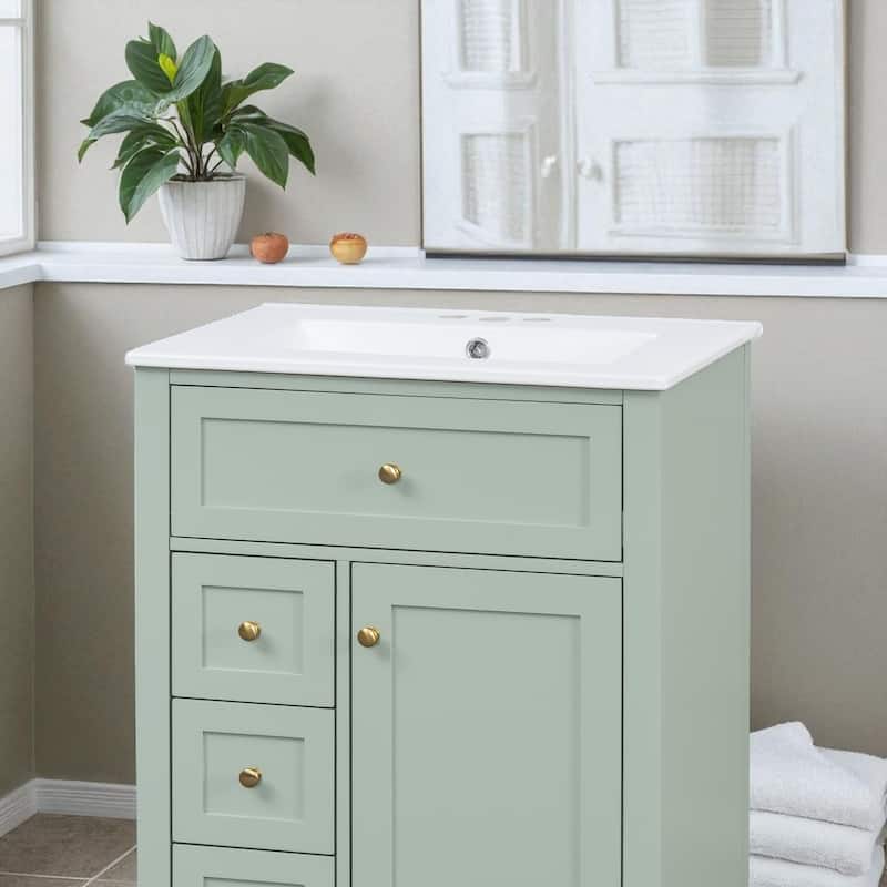 24" Bathroom Vanity with Sink, MDF & Rubberwood, 3 Drawers and Cabinet with Adjustable Shelves, Modern Freestanding Design