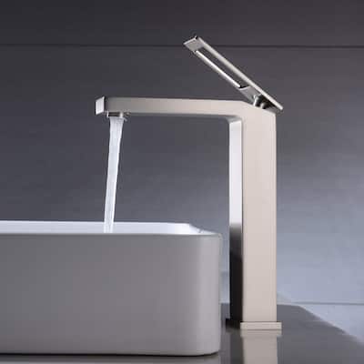Brushed nickel Single Handle Bathroom Sink Faucet One Hole Deck Mount with pop up overflow drain - 8'2" x 11'5"