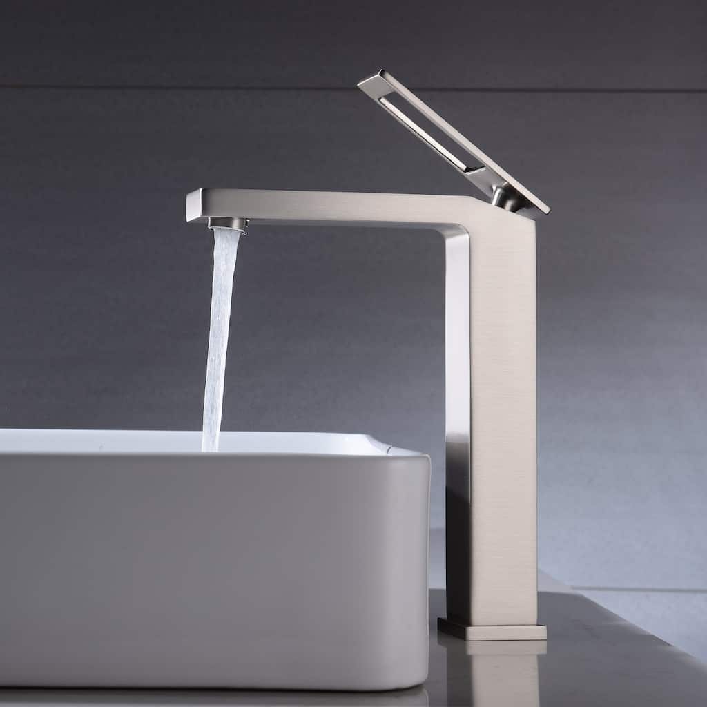 Brushed nickel Single Handle Bathroom Sink Faucet One Hole Deck Mount with pop up overflow drain - 8'2" x 11'5"