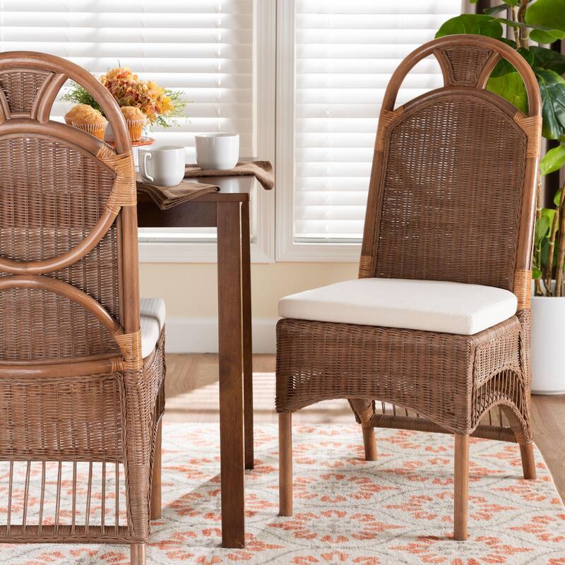 Raya Natural Rattan Dining Chair - Handcrafted Wicker Accent Chair with High Arched Back and Cushioned Seat, Boho Coastal Style
