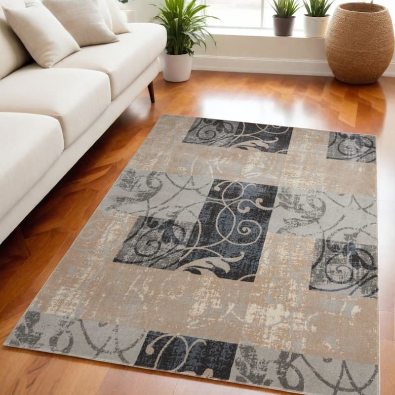 Cibe Power Loomed Floral Non Skid Stain Resistant Area Rug By HomeRoots - 87' X '63' X '0.5 - 87' X '63' X '0.5 - Tan - Rectangle