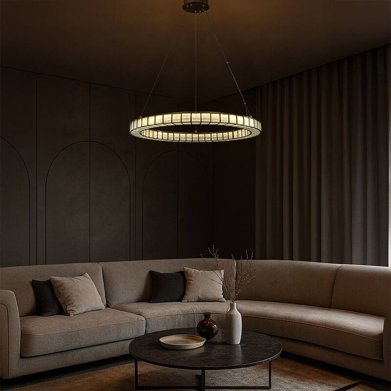 32'' Modern Halo Round Art Glass Integrated Led Chandelier Brass Art Deco Led Ceiling Light For Dining Room Living Room - W32''