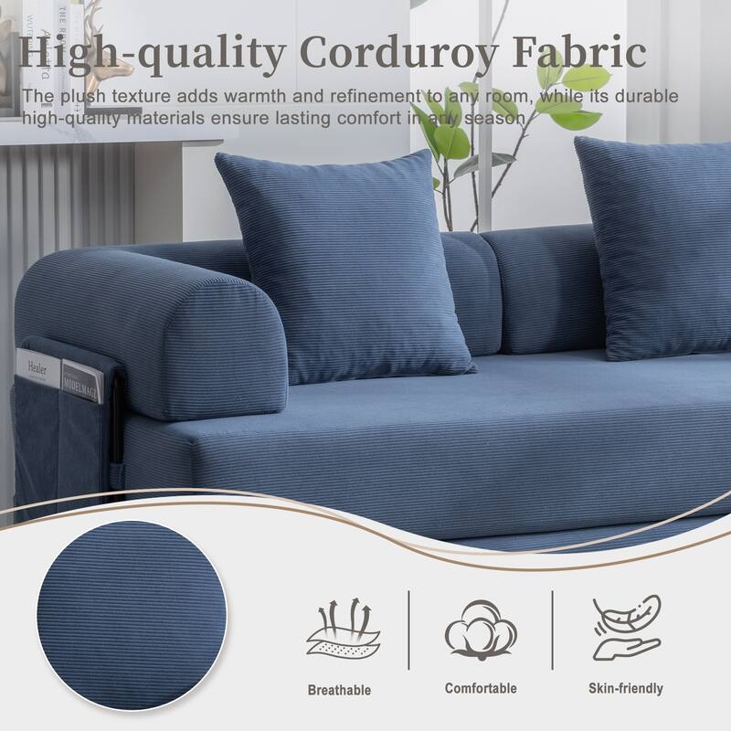 Foldable Modular Couch Sleeper Loveseat Sofa Bed with Storage Side Pocket, Detachable Metal Frame and Corduroy Fabric Cover