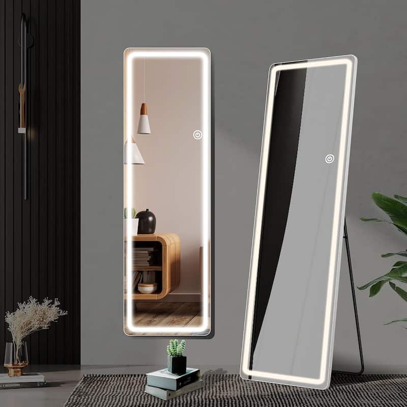 Floor Mirror with LED Light, 64" x 21" Full Length Mirror with Stand, Hanging Mirror Wall Mounted Mirror Full Body Mirror
