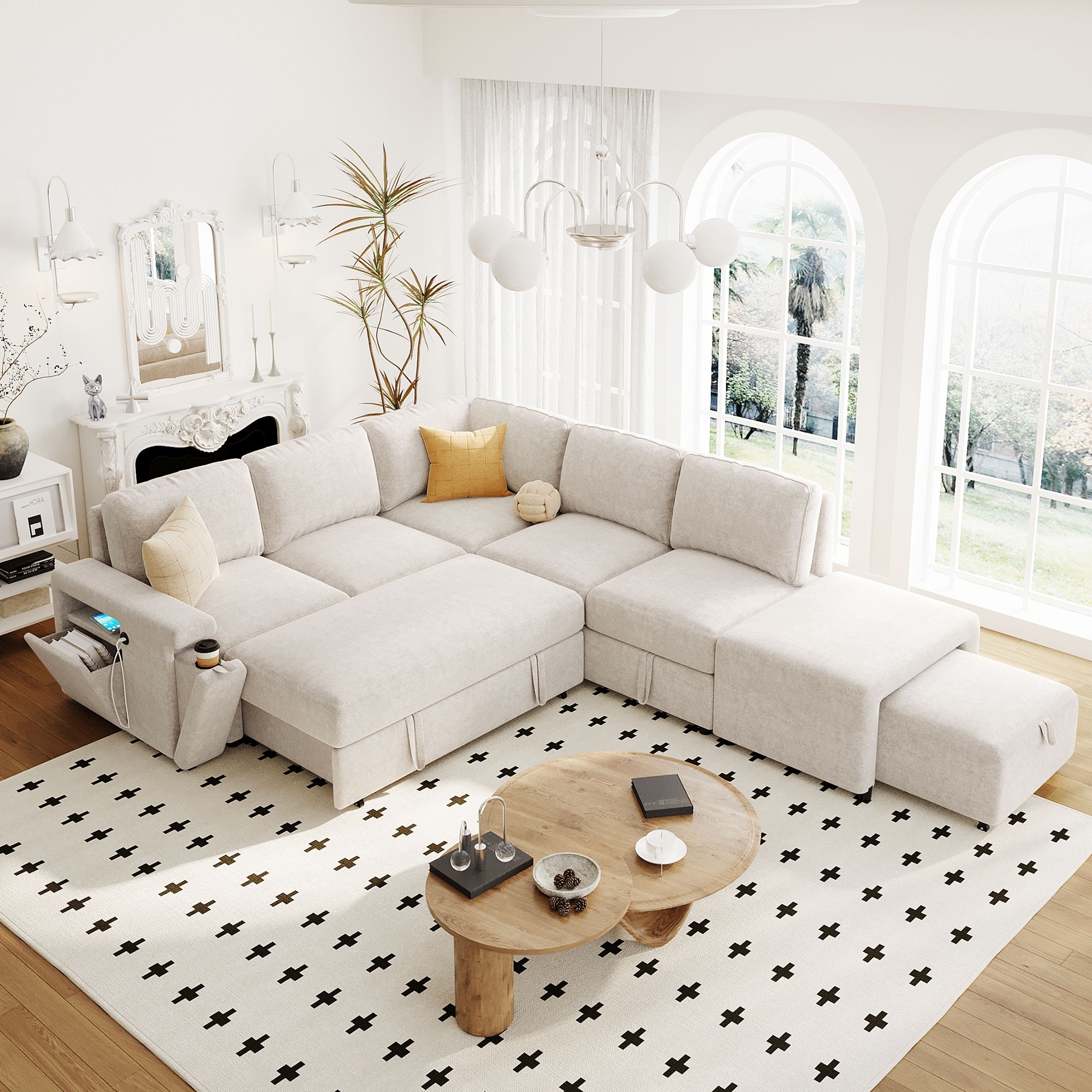 Convertible Sleeper Sectional Sofa with Pull-Out Bed & Storage, L-Shape Modular Sofa with Ottoman, USB Ports & Cup Holders