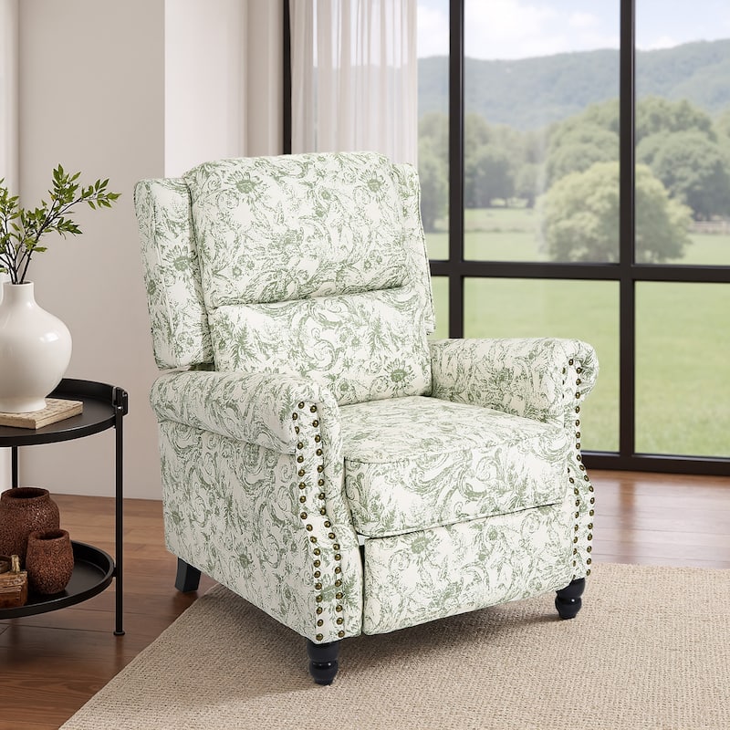 Nail-head Padded Seat Pushback Recliner Chair - Rococo Green-Single - Chenille