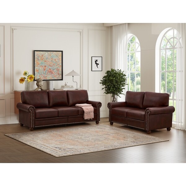 Faux Leather 5 Seat Sofa Set with 3 Seat Sofa Loveseat Sponge Cushion Solid Wood Legs Silver Nails Decoration Burgundy Bed Bath Beyond 40696219