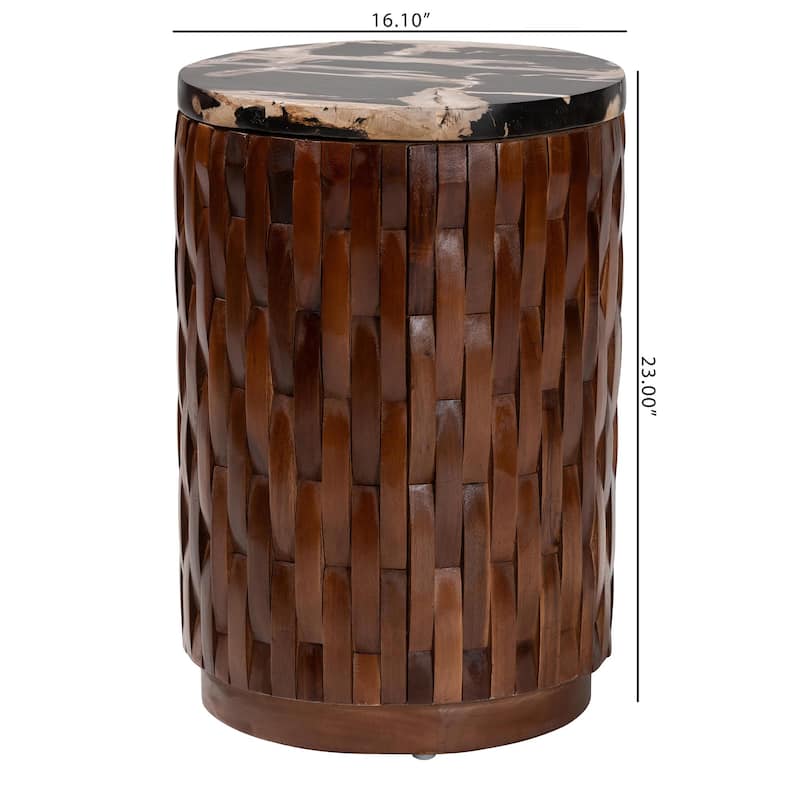 Lavanya End Table with Petrified Wood Top - Drum Accent Side Table with Recycled Teak Wood Frame for Living Room or Entryway