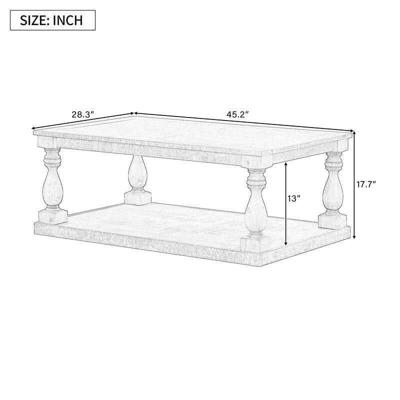 2-Tier Storage Coffee Tables with Vase Column Legs,Antique Wood Coffee Table Farmhouse 45" Rectangular Center Table