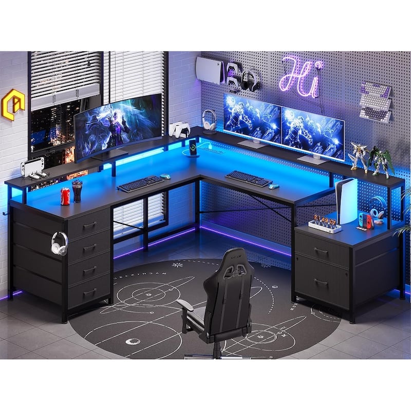L Shaped Home Office Desk with 6 Drawer File Drawer Power Outlet