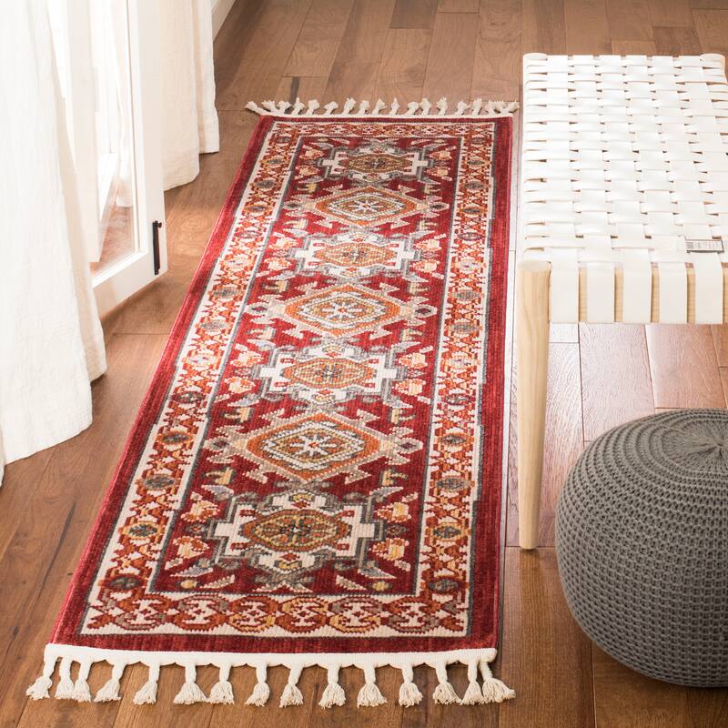 SAFAVIEH Farmhouse Nelleke Boho Tribal Polyester Rug - 2'1" x 8' Runner - Ivory/Red