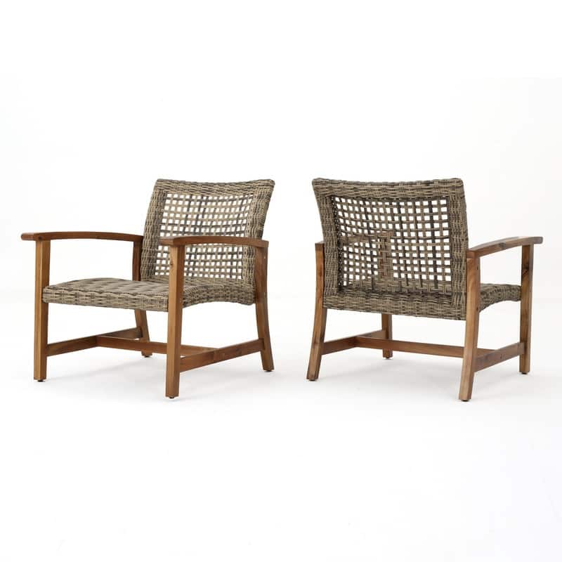 2-Piece Outdoor Acacia Wood Wicker Club Chairs