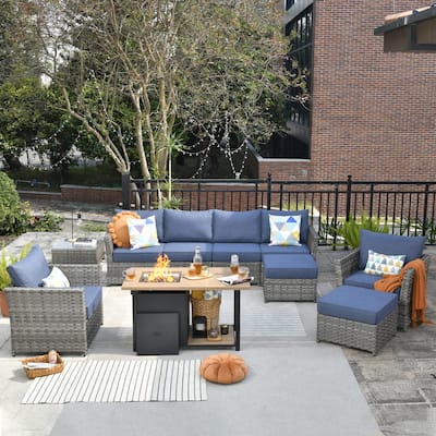 HOOOWOOO 10-piece Grey Wicker Patio Outdoor Furniture Set with Fire Pit