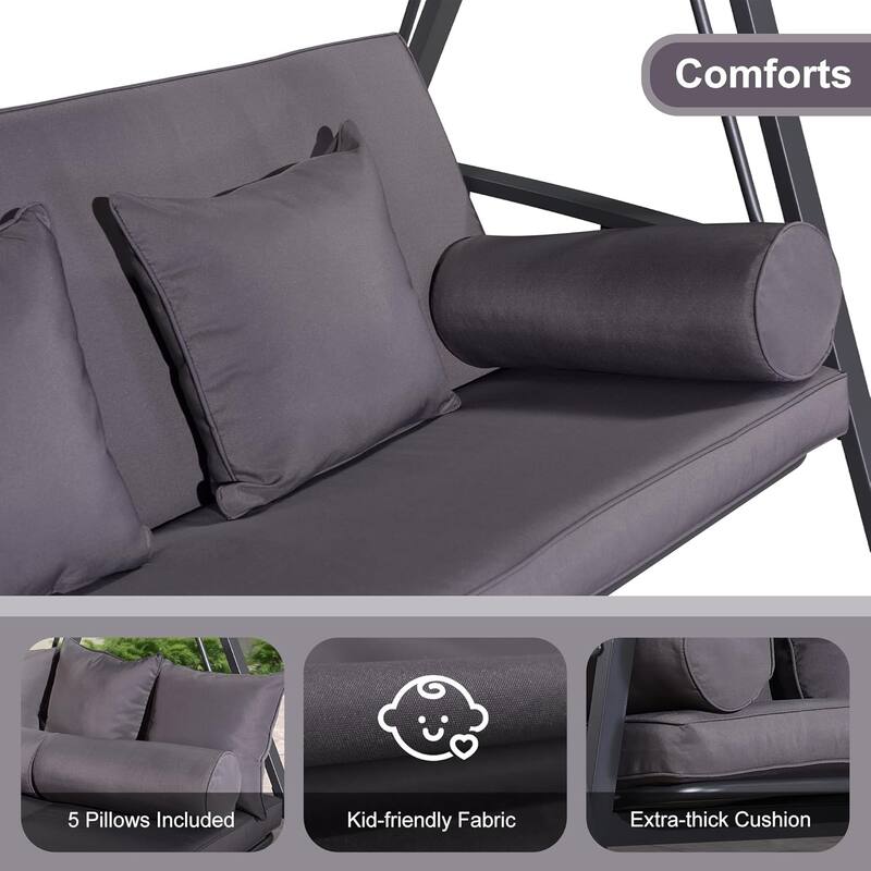 PURPLE LEAF 3-seat Outdoor Patio Porch Swing Adjustable Backrest, Cushions and Pillow Included - N/A