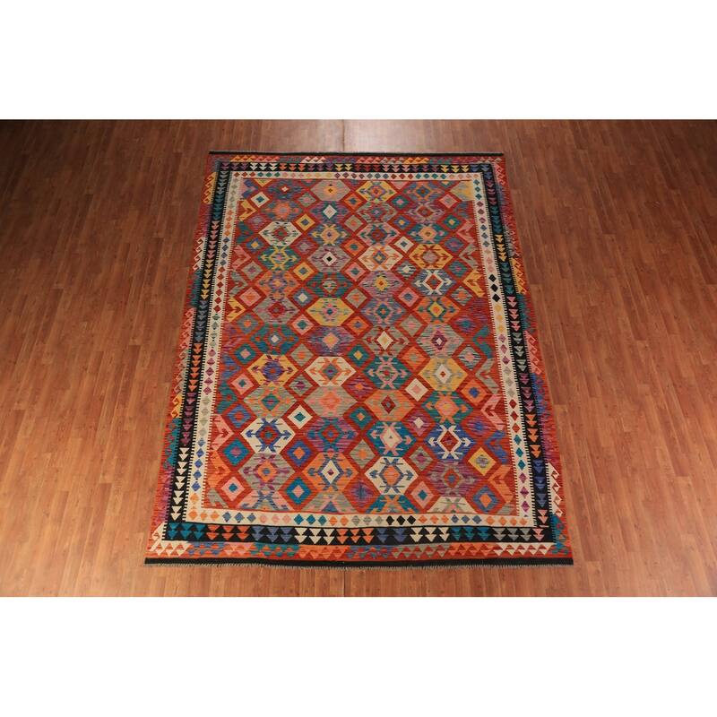 Geometric Kilim Reversible Area Rug Hand-Woven Tribal Wool Carpet - 8'3"x 11'5"