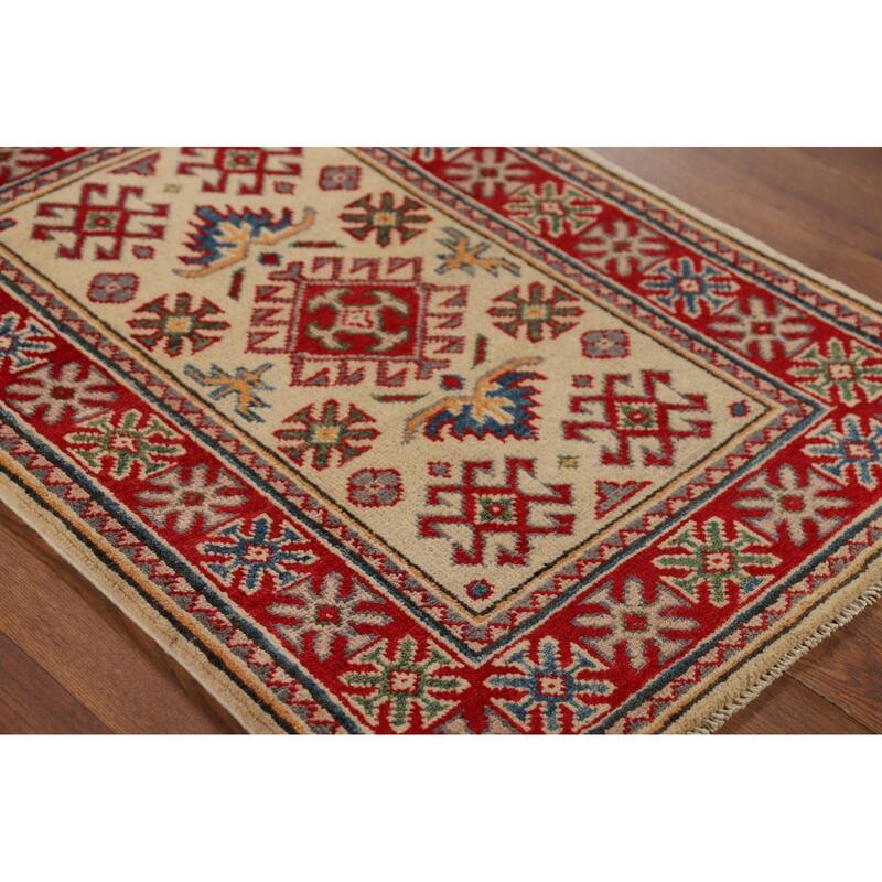 Hand Knotted Oriental 100% Wool Carpet Traditional Geometric Yellow & Gold Kazak Area Rug - 2' 10'' X 2' 1''