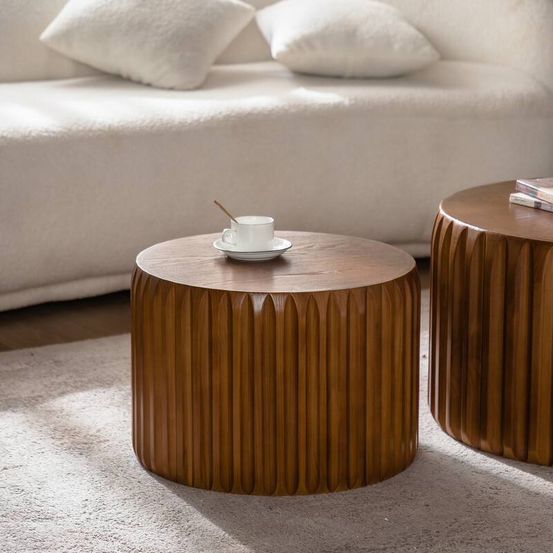 Set of 2 Fluted Round Coffee Table - Solid Wood & MDF Nesting Center Table (26.77"/19.69")