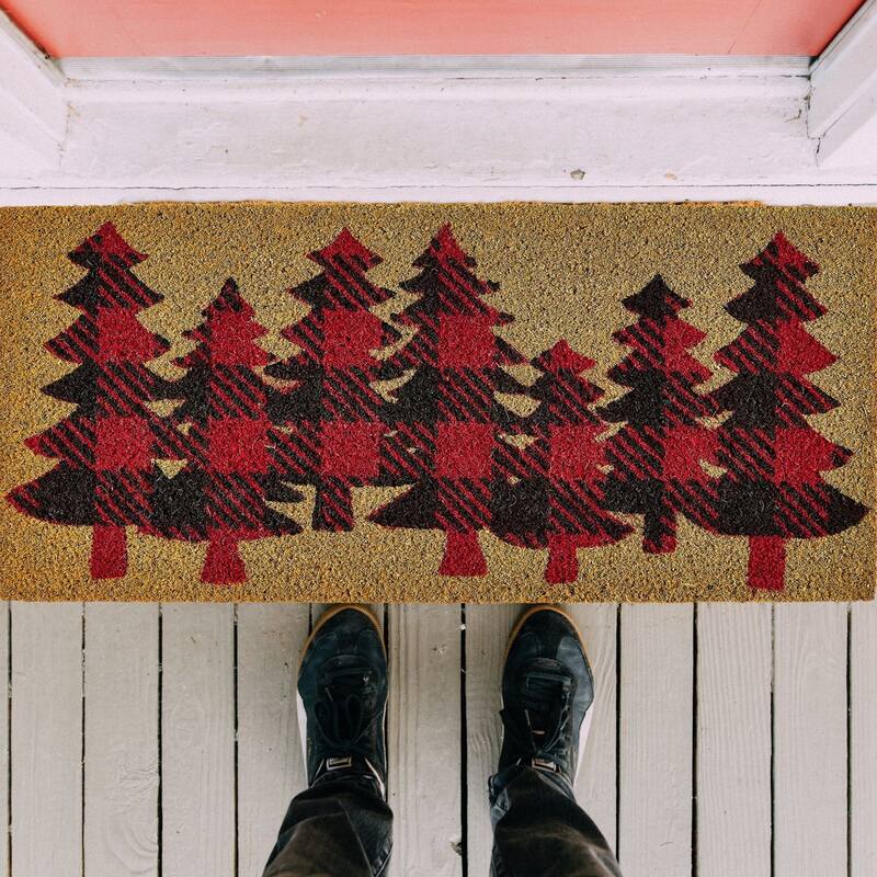1'5"x3'3" Coir Estate Mat Tis This Season Red Background Green Pine Trees Rectangle Indoor and Outdoor Door Welcome Mat