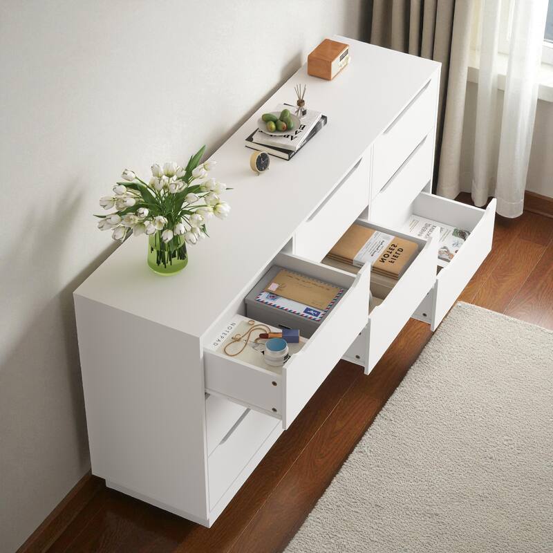Modern 9-Drawer Dresser for Bedroom Deep Storage White Long Chest of Drawers Wood Cabinet for Closet and Living Room