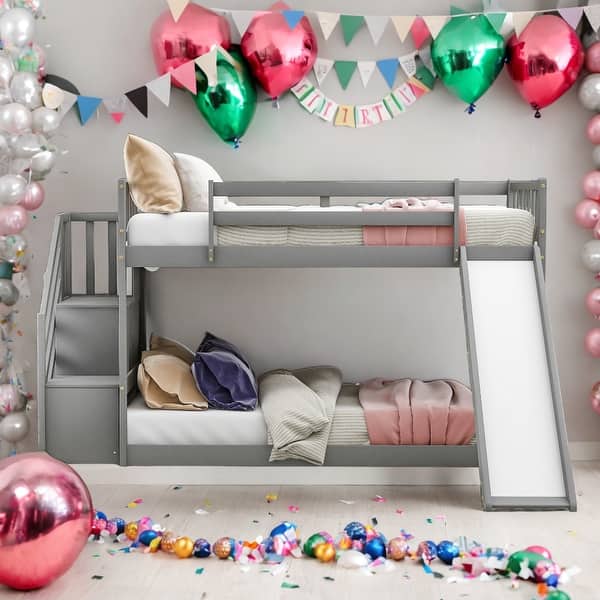 slide 2 of 9, Modern Twin Over Twin Bunk Bed With Convertible Slide And Stairway,Space-saving,For Bedroom Grey