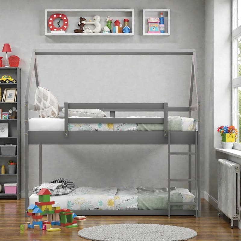 Twin over Twin Low Bunk Bed House Frame with Ladder, Kids Wooden Bunk Bed, Pine Wood and MDF, No Box Spring