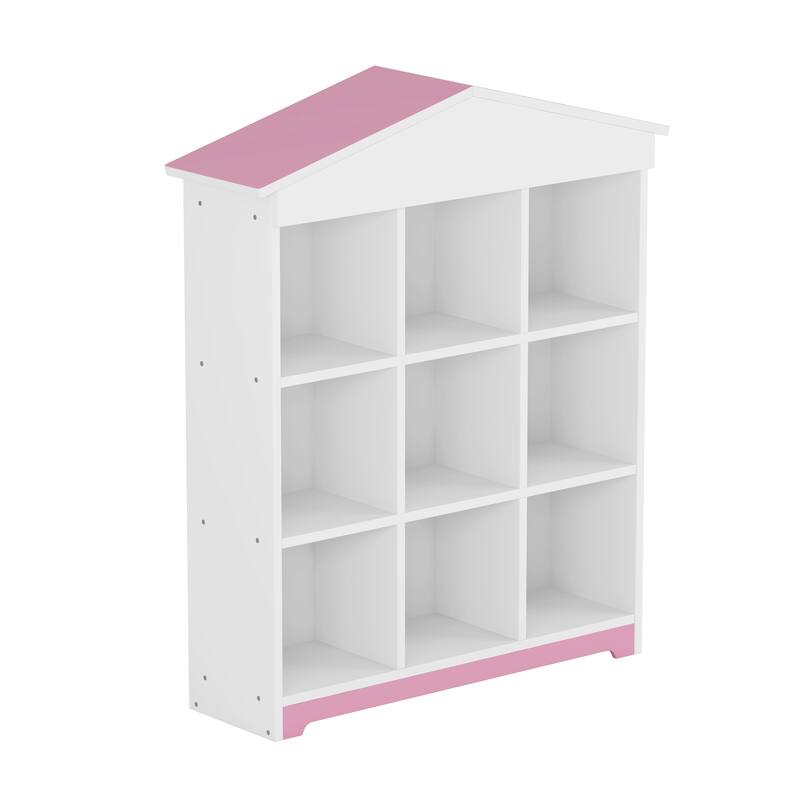 House shaped Storage Rack with Nine Storage Compartments,Three layer Bookshelf with Colorblock Design