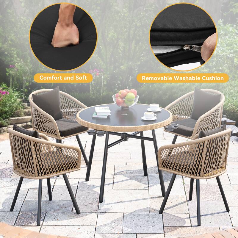 Moasis 5-Piece Outdoor Dining Set with Umbralle Hole Rattan Patio Dinging Set - 35"L x 35"W x 31.1"H