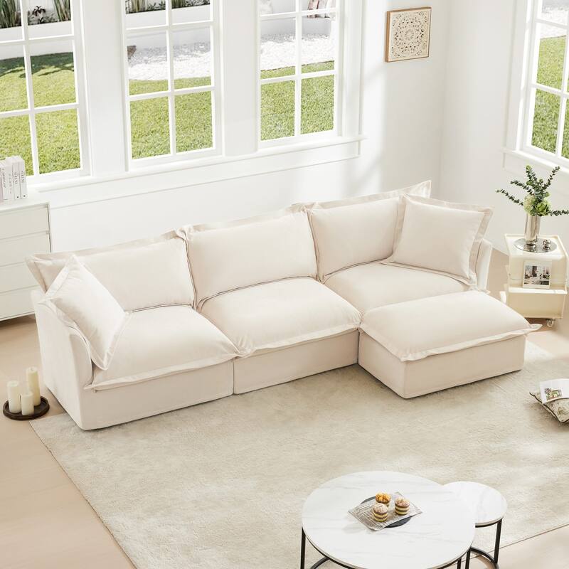 Modern 3 Seater Upholstered Sofa with 1 Ottoman and 2 Pillows
