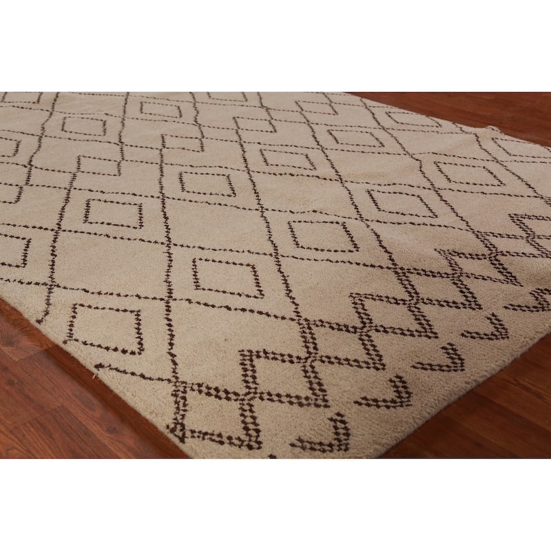 Hand Knotted Oriental 100% Wool Carpet Modern Geometric Beige & Ivories Moroccan Area Rug - 8' 0'' X 5' 0''