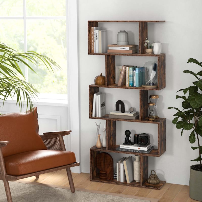 5-Tier Bookshelf S-Shaped Bookcase Room Divider Storage Display Shelf
