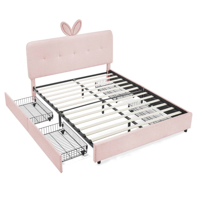 Kids Boucle Upholstered Bed with Rabbit Ear Headboard, LED Music Sync & 4 Drawers