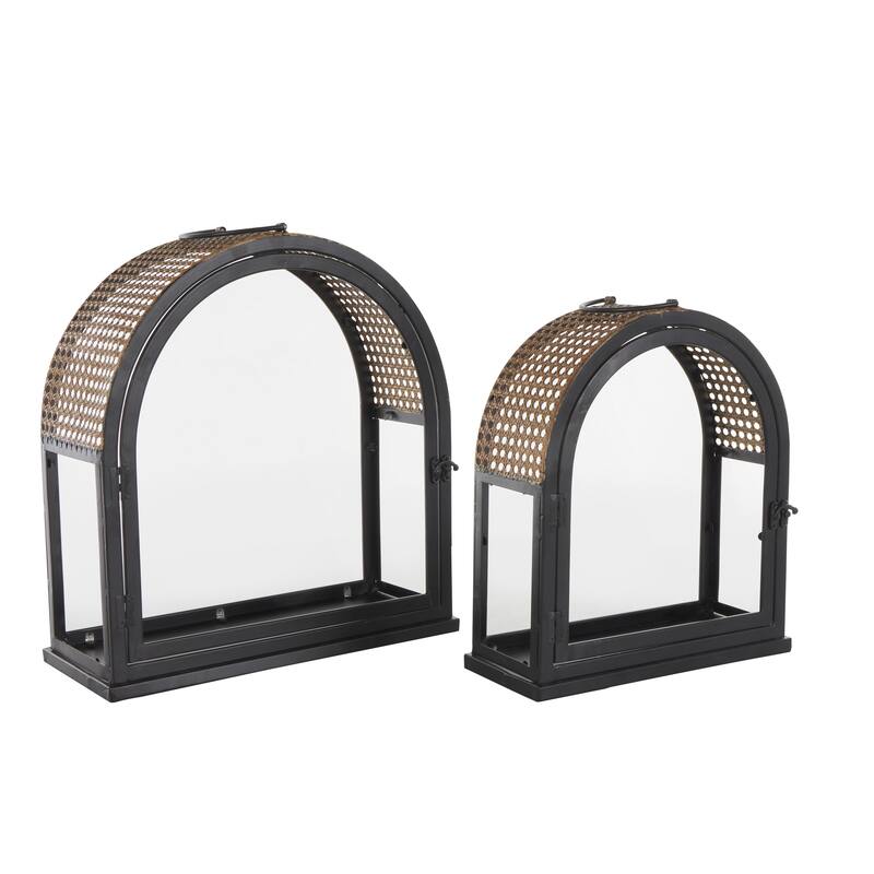 Metal Arched Indoor Outdoor Candle Lantern with Cane Inspired Gold Tops - Set of 2 Black - Roche River Decor