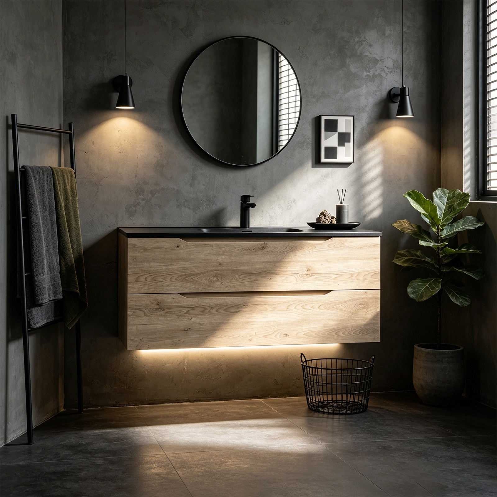 Sylphar Wall Mounted Floating Bathroom Vanity, Black Quartz Sink