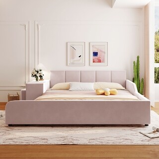 Queen Size Upholstered Mother & Child Platform Bed w/ Bedside Desk & Little Round Stool